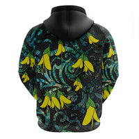 New Zealand Kowhai Flowers Zip Hoodie Maori Koru Pattern With Paua Shell Style