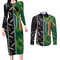 Custom Aotearoa South Africa Rugby Freedom Cup Couples Matching Long Sleeve Bodycon Dress and Long Sleeve Button Shirt Maori Silver Fern Art and Sporty Flag SA - Polynesian Pride