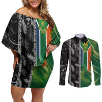 Custom Aotearoa South Africa Rugby Freedom Cup Couples Matching Off Shoulder Short Dress and Long Sleeve Button Shirt Maori Silver Fern Art and Sporty Flag SA - Polynesian Pride