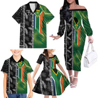 Custom Aotearoa South Africa Rugby Freedom Cup Family Matching Off The Shoulder Long Sleeve Dress and Hawaiian Shirt Maori Silver Fern Art and Sporty Flag SA - Polynesian Pride