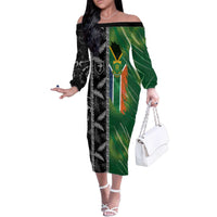 Custom Aotearoa South Africa Rugby Freedom Cup Family Matching Off The Shoulder Long Sleeve Dress and Hawaiian Shirt Maori Silver Fern Art and Sporty Flag SA - Polynesian Pride