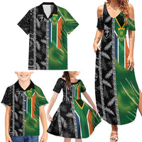 Custom Aotearoa South Africa Rugby Freedom Cup Family Matching Summer Maxi Dress and Hawaiian Shirt Maori Silver Fern Art and Sporty Flag SA - Polynesian Pride