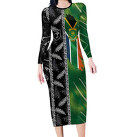 Custom Aotearoa South Africa Rugby Freedom Cup Long Sleeve Bodycon Dress Maori Silver Fern Art and Sporty Flag SA LT03 Long Dress Black - Polynesian Pride