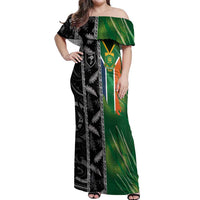 Custom Aotearoa South Africa Rugby Freedom Cup Off Shoulder Maxi Dress Maori Silver Fern Art and Sporty Flag SA - Polynesian Pride