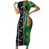 Custom Aotearoa South Africa Rugby Freedom Cup Short Sleeve Bodycon Dress Maori Silver Fern Art and Sporty Flag SA - Polynesian Pride