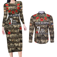 Pearl Harbor Remembrance Day Personalized Couples Matching Long Sleeve Bodycon Dress and Long Sleeve Button Shirt Memories of December 7 with Red Poppy Lei - Polynesian Pride
