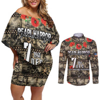 Pearl Harbor Remembrance Day Personalized Couples Matching Off Shoulder Short Dress and Long Sleeve Button Shirt Memories of December 7 with Red Poppy Lei LT03 Beige - Polynesian Pride