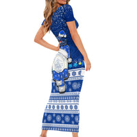 Palau Christmas Short Sleeve Bodycon Dress Snowman Hugs Palau Coat of Arms Maori Pattern Blue Style LT03 - Polynesian Pride