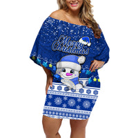 Personalised Palau Christmas Family Matching Off Shoulder Short Dress and Hawaiian Shirt Snowman Hugs Palau Coat of Arms Maori Pattern Blue Style LT03 Mom's Dress Blue - Polynesian Pride