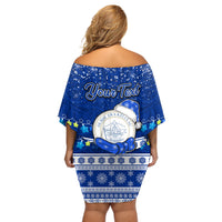 Personalised Palau Christmas Off Shoulder Short Dress Snowman Hugs Palau Coat of Arms Maori Pattern Blue Style LT03 - Polynesian Pride