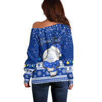 Personalised Palau Christmas Off Shoulder Sweater Snowman Hugs Palau Coat of Arms Maori Pattern Blue Style LT03 - Polynesian Pride