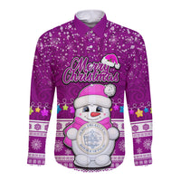 Palau Christmas Long Sleeve Button Shirt Snowman Hugs Palau Coat of Arms Maori Pattern Pink Style LT03 Unisex Pink - Polynesian Pride