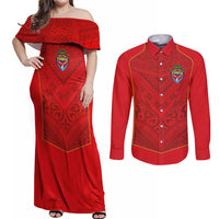 Custom Mate Ma'a Tonga Rugby Couples Matching Off Shoulder Maxi Dress and Long Sleeve Button Shirt Ngatu Tribal Motifs Sporty Style - Polynesian Pride