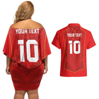 Custom Mate Ma'a Tonga Rugby Couples Matching Off Shoulder Short Dress and Hawaiian Shirt Ngatu Tribal Motifs Sporty Style - Polynesian Pride