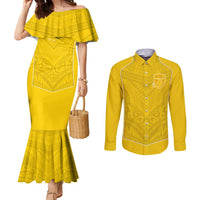 Custom Niue Rugby Couples Matching Mermaid Dress and Long Sleeve Button Shirt Hiapo Tribal Motifs Sporty Style - Polynesian Pride