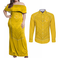 Custom Niue Rugby Couples Matching Off Shoulder Maxi Dress and Long Sleeve Button Shirt Hiapo Tribal Motifs Sporty Style - Polynesian Pride