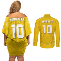 Custom Niue Rugby Couples Matching Off Shoulder Short Dress and Long Sleeve Button Shirt Hiapo Tribal Motifs Sporty Style - Polynesian Pride