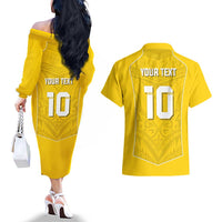 Custom Niue Rugby Couples Matching Off The Shoulder Long Sleeve Dress and Hawaiian Shirt Hiapo Tribal Motifs Sporty Style - Polynesian Pride