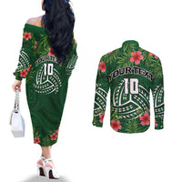 Custom Hawaii Volleyball Couples Matching Off The Shoulder Long Sleeve Dress and Long Sleeve Button Shirt Kakau Abstract and Tropical Plants Green Color - Polynesian Pride