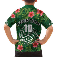 Custom Hawaii Volleyball Family Matching Off Shoulder Maxi Dress and Hawaiian Shirt Kakau Abstract and Tropical Plants Green Color - Polynesian Pride