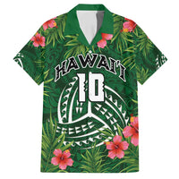 Custom Hawaii Volleyball Family Matching Off Shoulder Maxi Dress and Hawaiian Shirt Kakau Abstract and Tropical Plants Green Color - Polynesian Pride