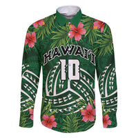 Custom Hawaii Volleyball Family Matching Off Shoulder Maxi Dress and Hawaiian Shirt Kakau Abstract and Tropical Plants Green Color - Polynesian Pride