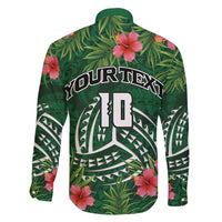 Custom Hawaii Volleyball Family Matching Off Shoulder Maxi Dress and Hawaiian Shirt Kakau Abstract and Tropical Plants Green Color - Polynesian Pride