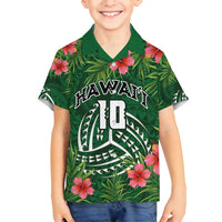 Custom Hawaii Volleyball Family Matching Off Shoulder Maxi Dress and Hawaiian Shirt Kakau Abstract and Tropical Plants Green Color - Polynesian Pride