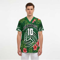 Custom Hawaii Volleyball Scrub Top Kakau Abstract and Tropical Plants Green Color - Polynesian Pride
