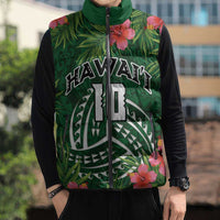 Custom Hawaii Volleyball Sleeveless Puffer Jacket Kakau Abstract and Tropical Plants Green Color - Polynesian Pride