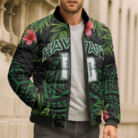 Custom Hawaii Volleyball Bomber Puffer Jacket Kakau Abstract and Tropical Plants Black Color - Polynesian Pride