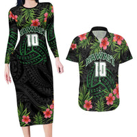 Custom Hawaii Volleyball Couples Matching Long Sleeve Bodycon Dress and Hawaiian Shirt Kakau Abstract and Tropical Plants Black Color - Polynesian Pride