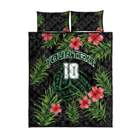 Custom Hawaii Volleyball Quilt Bed Set Kakau Abstract and Tropical Plants Black Color - Polynesian Pride
