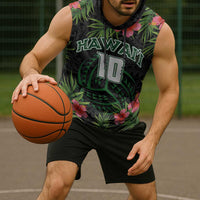 Custom Hawaii Volleyball Sleeveless Hoodie Kakau Abstract and Tropical Plants Black Color - Polynesian Pride