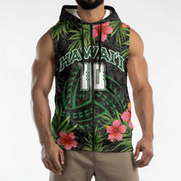 Custom Hawaii Volleyball Sleeveless Zip Hoodie Kakau Abstract and Tropical Plants Black Color - Polynesian Pride