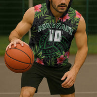 Custom Hawaii Volleyball Sleeveless Zip Hoodie Kakau Abstract and Tropical Plants Black Color - Polynesian Pride