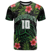 Custom Hawaii Volleyball T Shirt Kakau Abstract and Tropical Plants Black Color - Polynesian Pride
