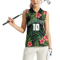 Custom Hawaii Volleyball Women Sleeveless Polo Shirt Kakau Abstract and Tropical Plants Black Color - Polynesian Pride