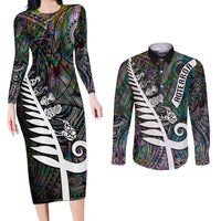 New Zealand Couples Matching Long Sleeve Bodycon Dress and Long Sleeve Button Shirt Aotearoa Symbols With Silver Fern LT03 Black - Polynesian Pride