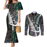 New Zealand Couples Matching Mermaid Dress and Long Sleeve Button Shirt Aotearoa Symbols With Silver Fern LT03 Black - Polynesian Pride