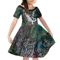 New Zealand Family Matching Tank Maxi Dress and Hawaiian Shirt Aotearoa Symbols With Silver Fern LT03 Daughter's Dress Black - Polynesian Pride
