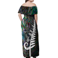 New Zealand Off Shoulder Maxi Dress Aotearoa Symbols With Silver Fern LT03 - Polynesian Pride