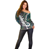New Zealand Off Shoulder Sweater Aotearoa Symbols With Silver Fern LT03 - Polynesian Pride