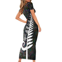 New Zealand Short Sleeve Bodycon Dress Aotearoa Symbols With Silver Fern LT03 - Polynesian Pride