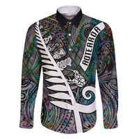 Personalized New Zealand Family Matching Off Shoulder Long Sleeve Dress and Hawaiian Shirt Aotearoa Symbols With Silver Fern LT03 Dad's Shirt - Long Sleeve Black - Polynesian Pride