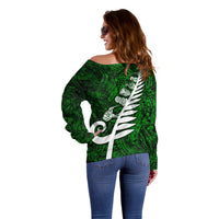 New Zealand Off Shoulder Sweater Silver Fern and Maori Symbols Papua Shell Green Style LT03 - Polynesian Pride