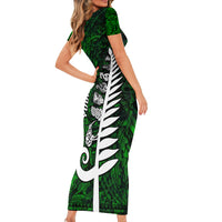 Personalized New Zealand Family Matching Short Sleeve Bodycon Dress and Hawaiian Shirt Silver Fern and Maori Symbols Papua Shell Green Style LT03 - Polynesian Pride