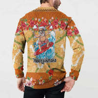 Hawaii Mele Kalikimaka Button Sweatshirt Funny Santa Claus Surfing on Tropical Plants - Polynesian Pride
