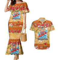 Hawaii Mele Kalikimaka Couples Matching Mermaid Dress and Hawaiian Shirt Funny Santa Claus Surfing on Tropical Plants - Polynesian Pride