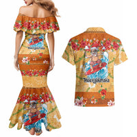 Hawaii Mele Kalikimaka Couples Matching Mermaid Dress and Hawaiian Shirt Funny Santa Claus Surfing on Tropical Plants - Polynesian Pride